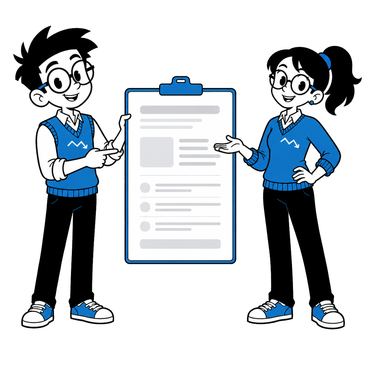 Monica and Morty, MortMonitor mascots, holding a report
