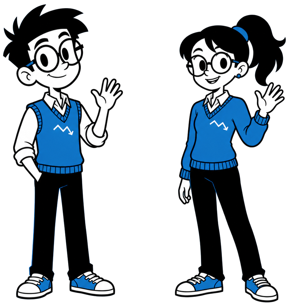 Morty and Monica, the MortMonitor mascots, waving hello