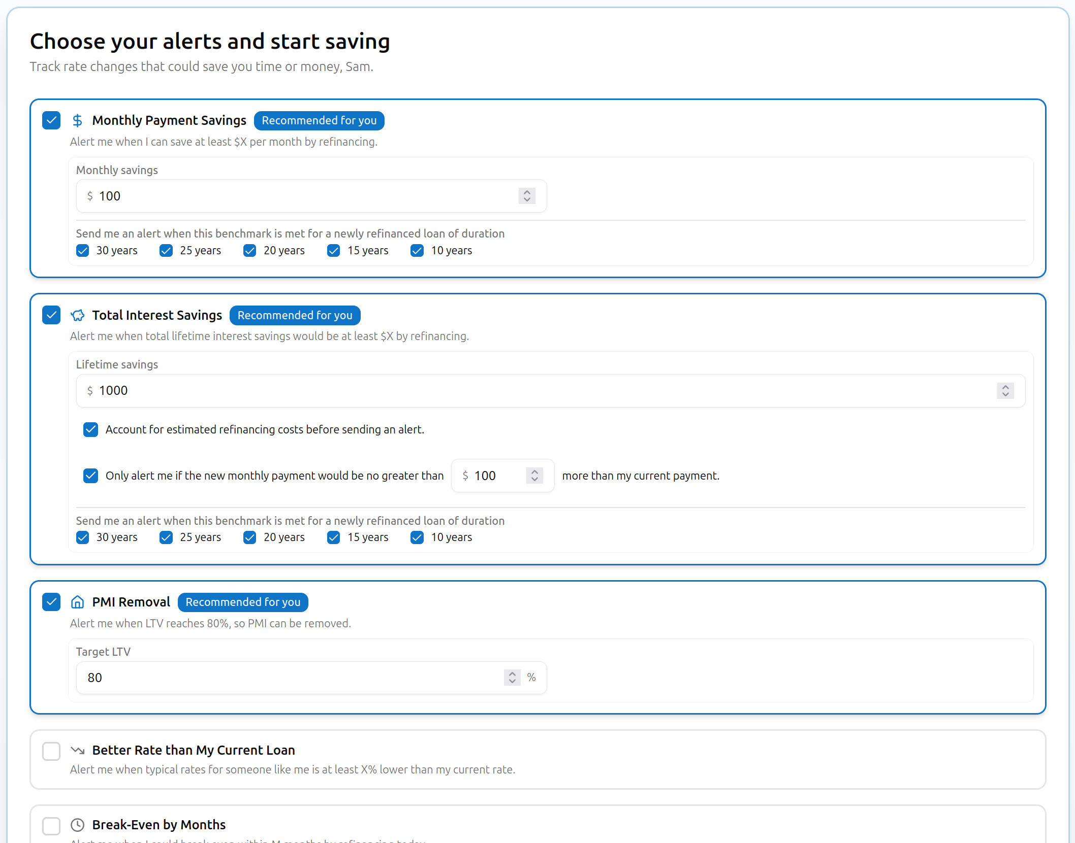 MortMonitor app screen showing how to choose refinance alerts, including monthly payment savings and break-even by months